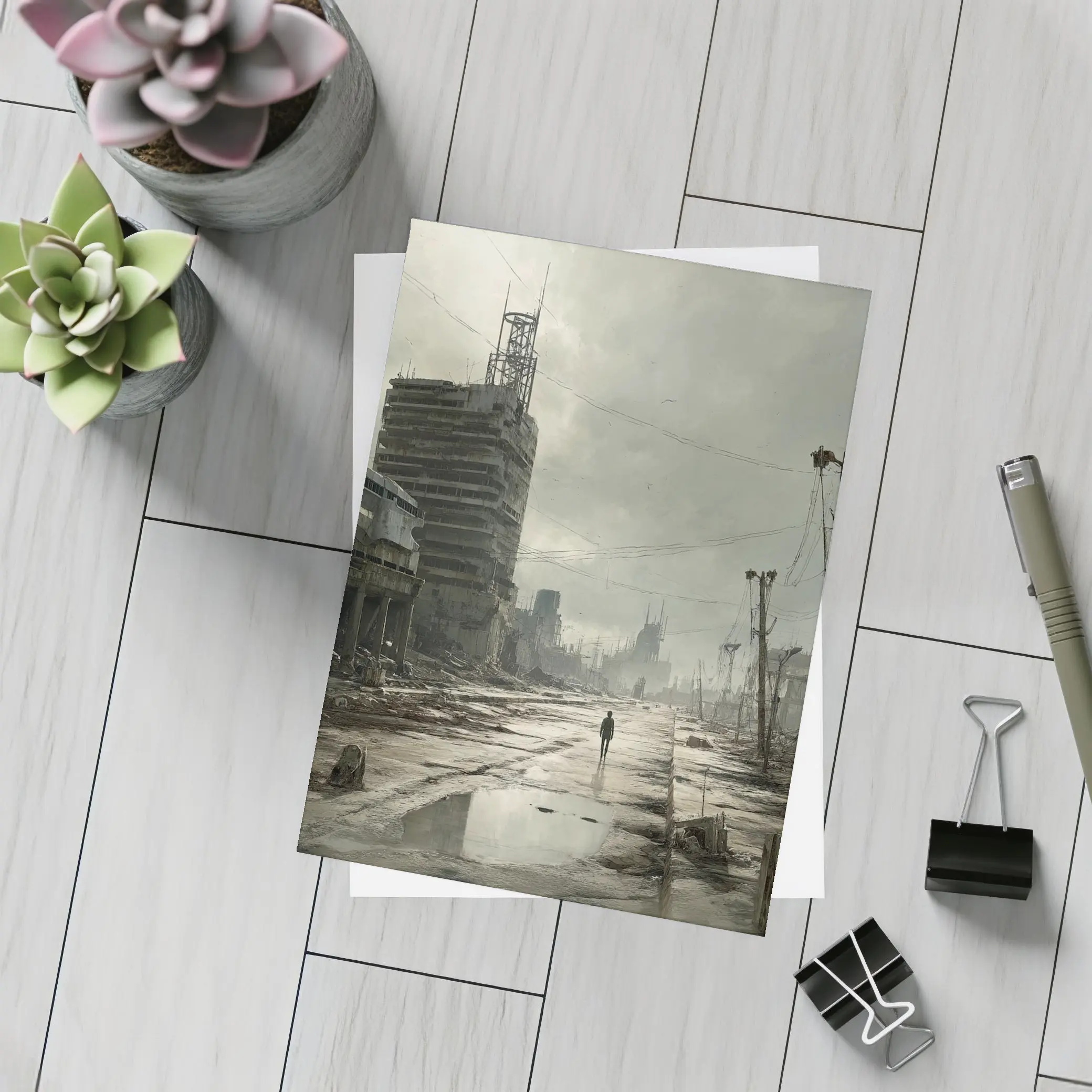 Lone Figure Walking Through Desolate Abandoned City – Postcards