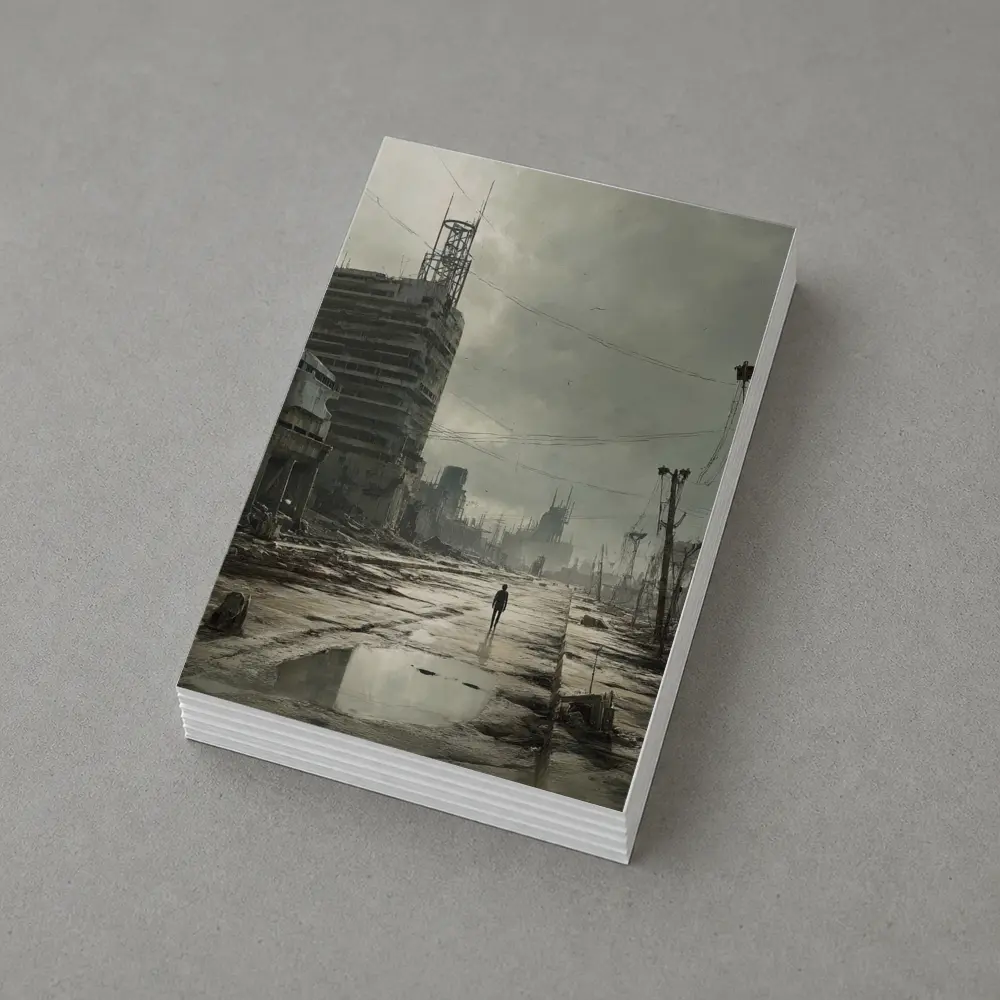 Lone Figure Walking Through Desolate Abandoned City – Postcards
