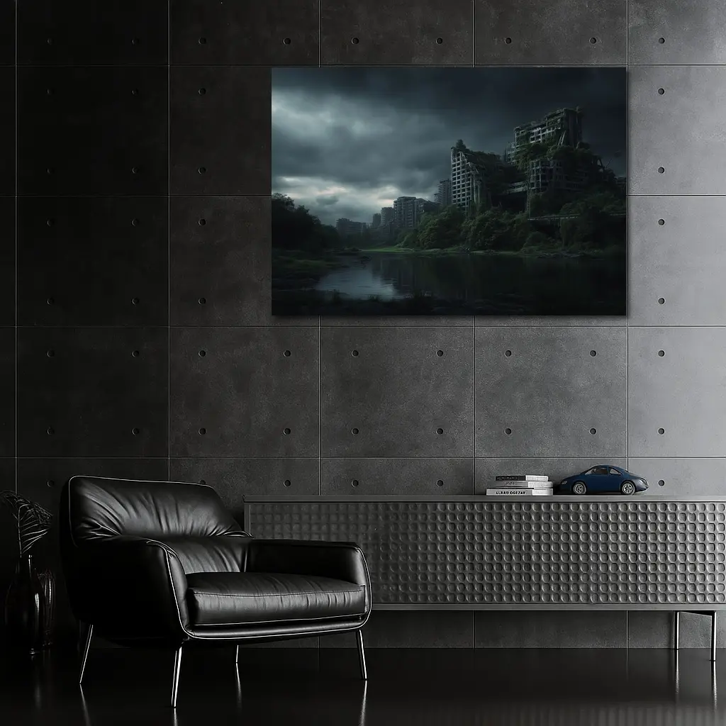 Abandoned City Ruins Overgrown Dark Stormy Sky – Wall Art