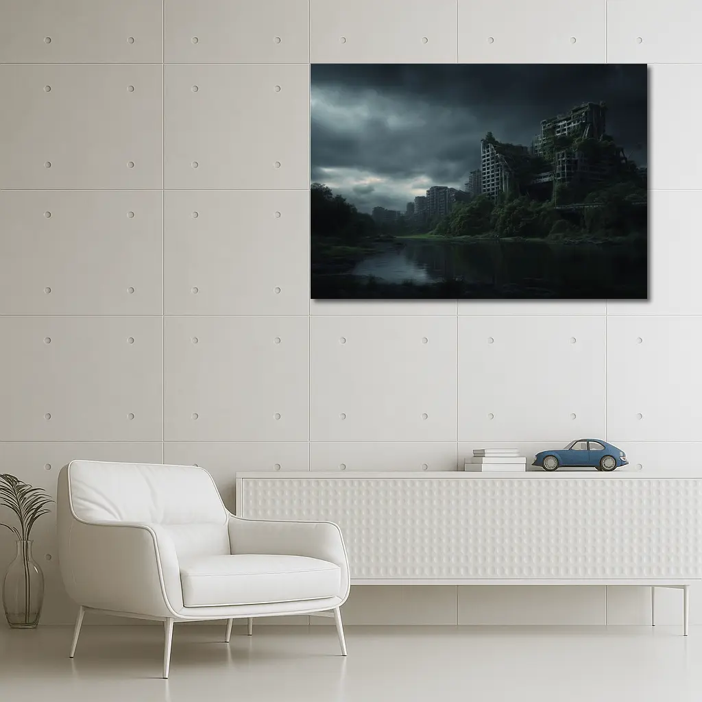 Abandoned City Ruins Overgrown Dark Stormy Sky – Wall Art