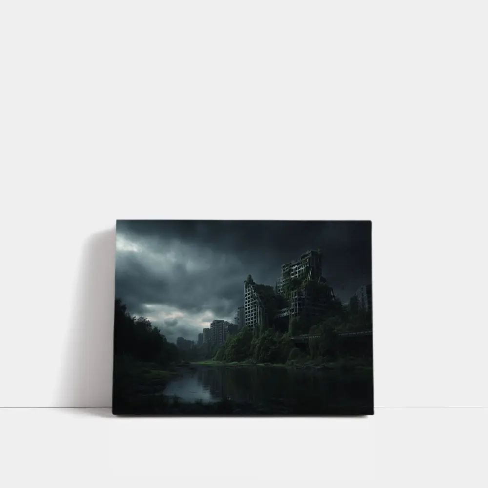 Abandoned City Ruins Overgrown Dark Stormy Sky – Wall Art