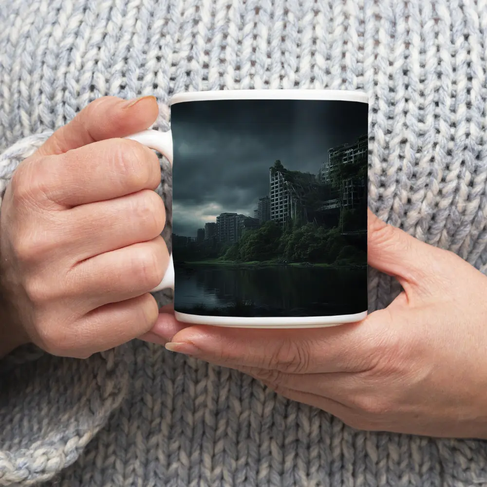 Abandoned City Ruins Overgrown Dark Stormy Sky – Mugs