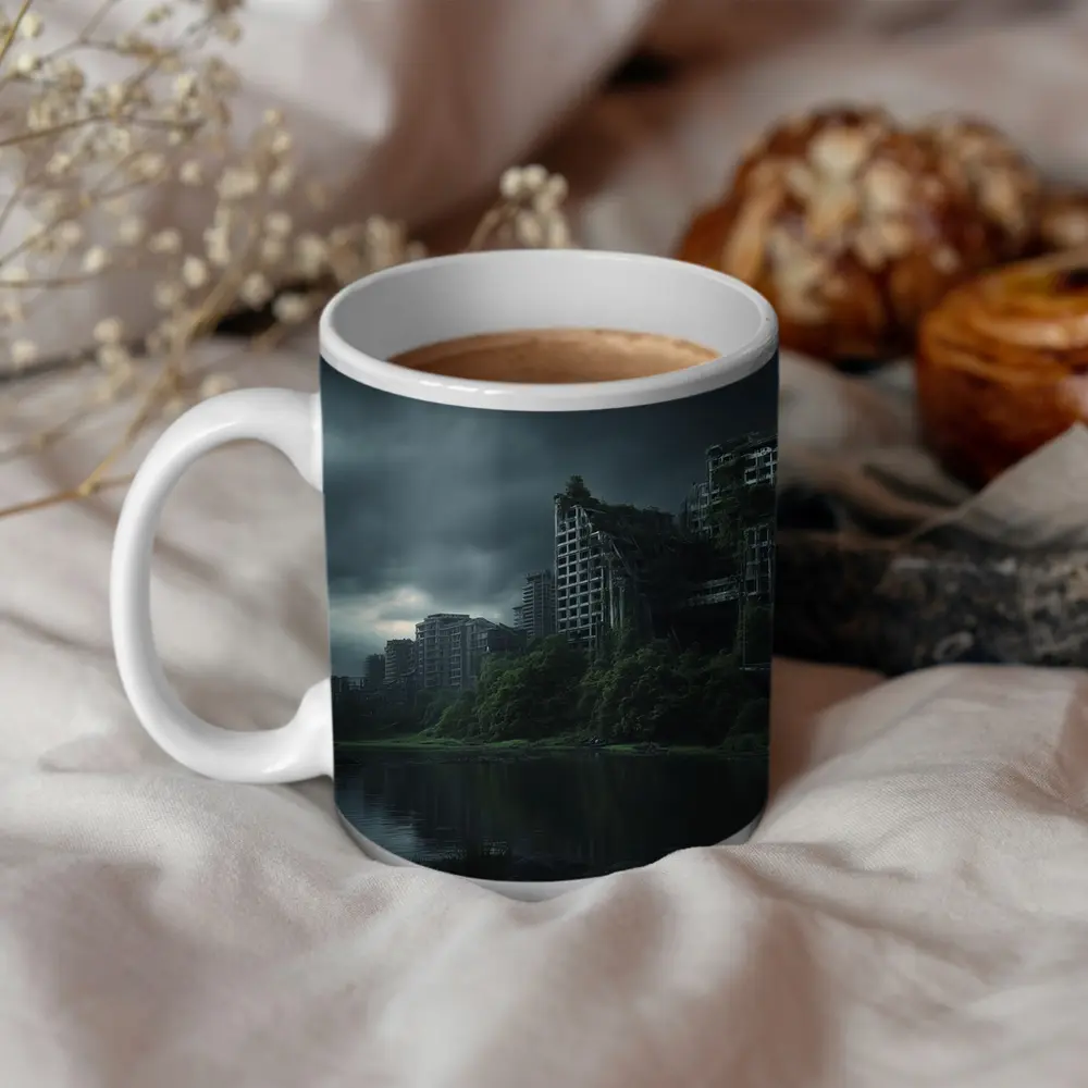 Abandoned City Ruins Overgrown Dark Stormy Sky – Mugs