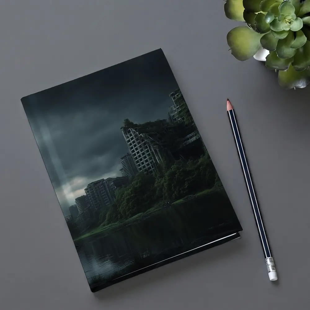 Abandoned City Ruins Overgrown Dark Stormy Sky – Notebooks