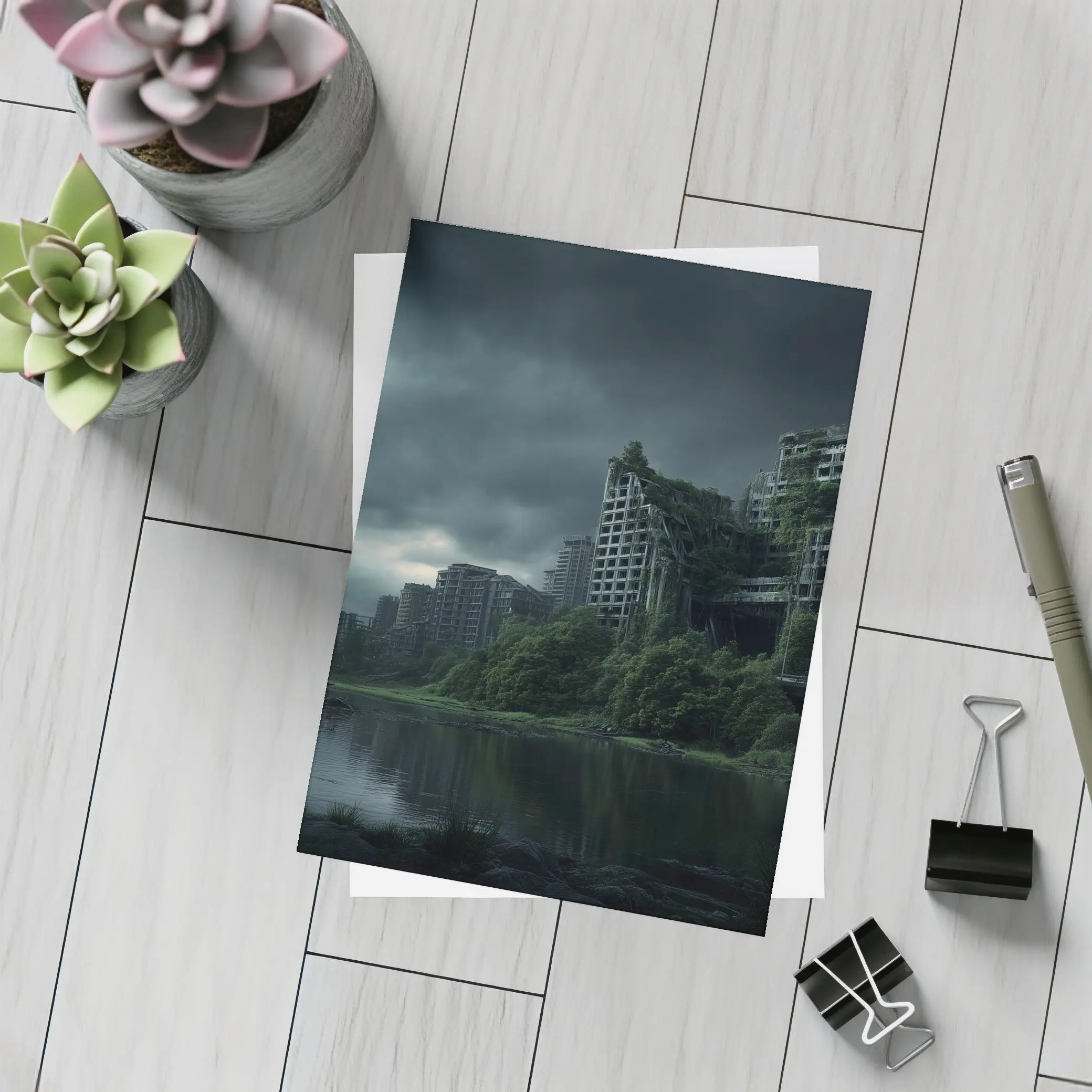 Abandoned City Ruins Overgrown Dark Stormy Sky – Postcards