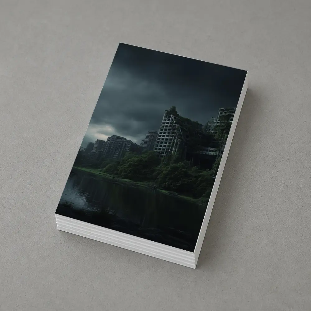 Abandoned City Ruins Overgrown Dark Stormy Sky – Postcards