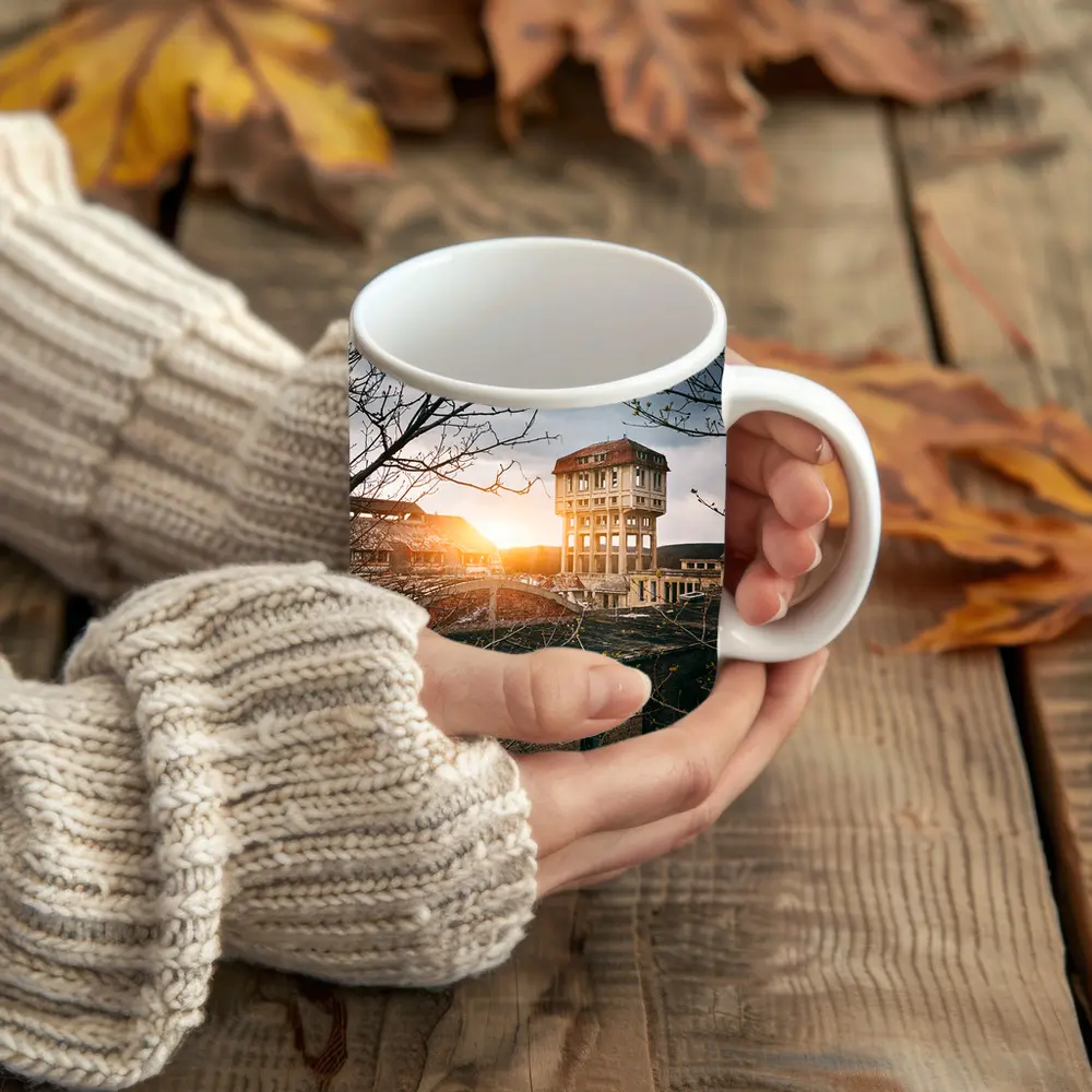 Abandoned Building Ruins At Golden Sunset – Mugs