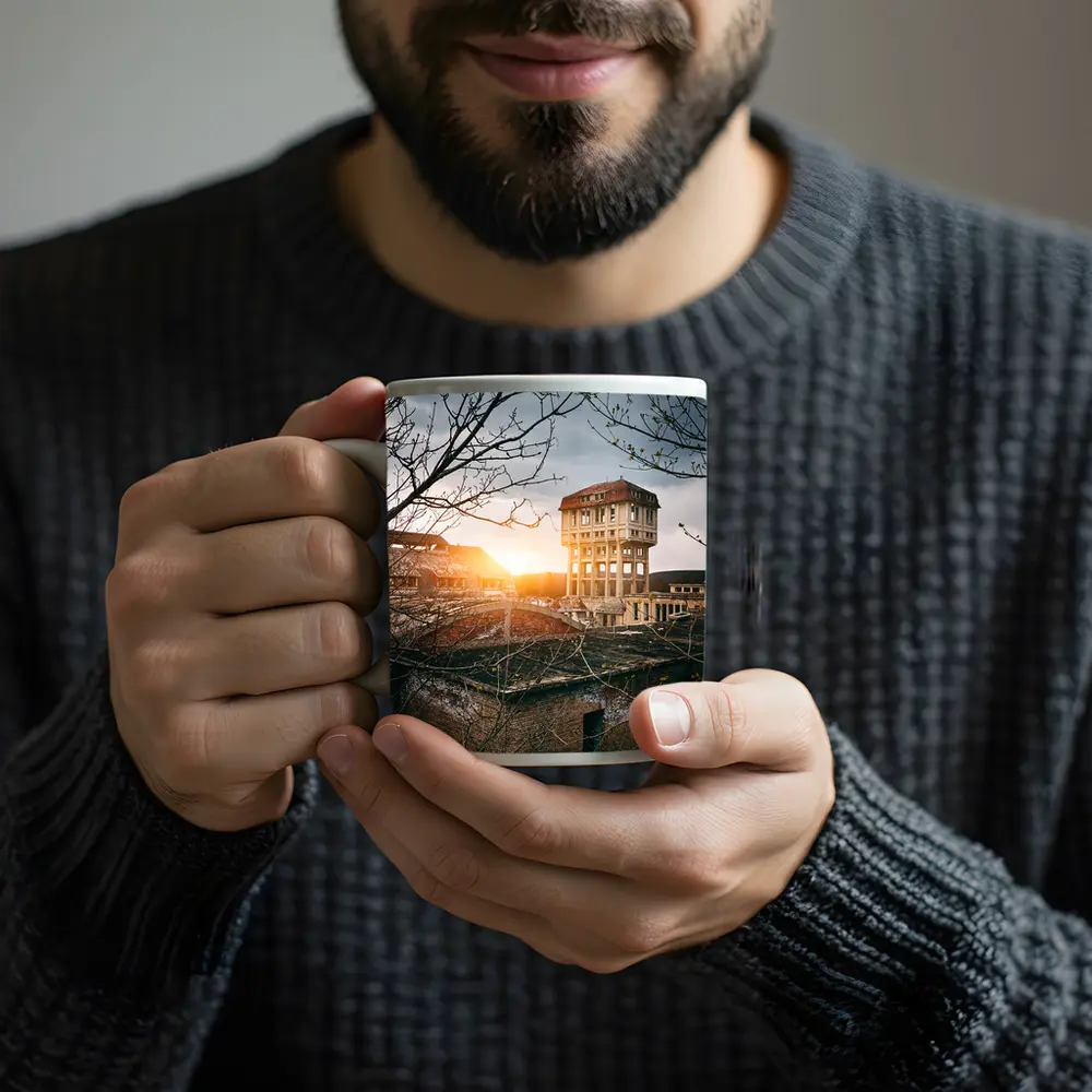 Abandoned Building Ruins At Golden Sunset – Mugs