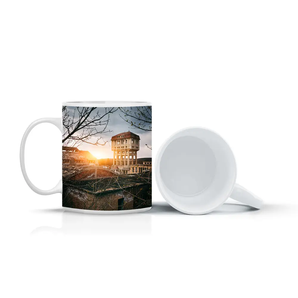 Abandoned Building Ruins At Golden Sunset – Mugs