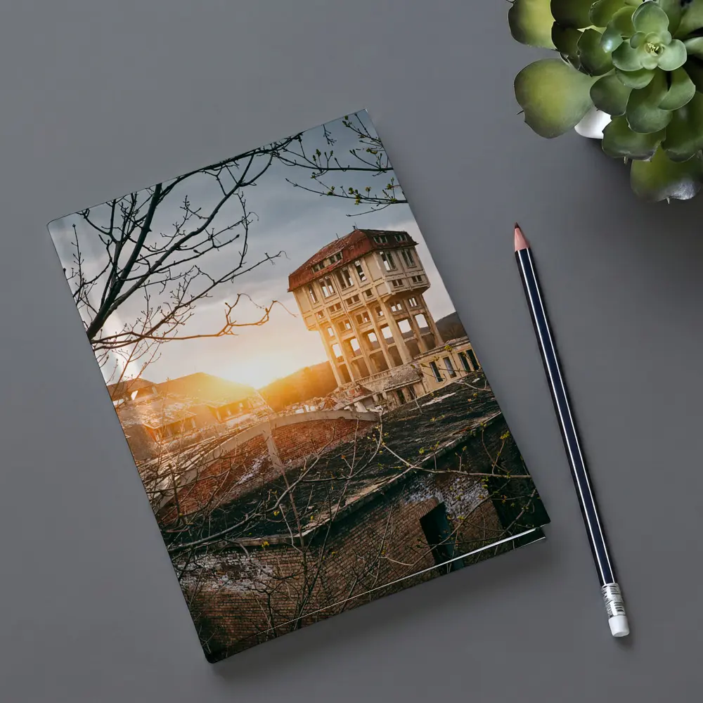 Abandoned Building Ruins At Golden Sunset – Notebooks