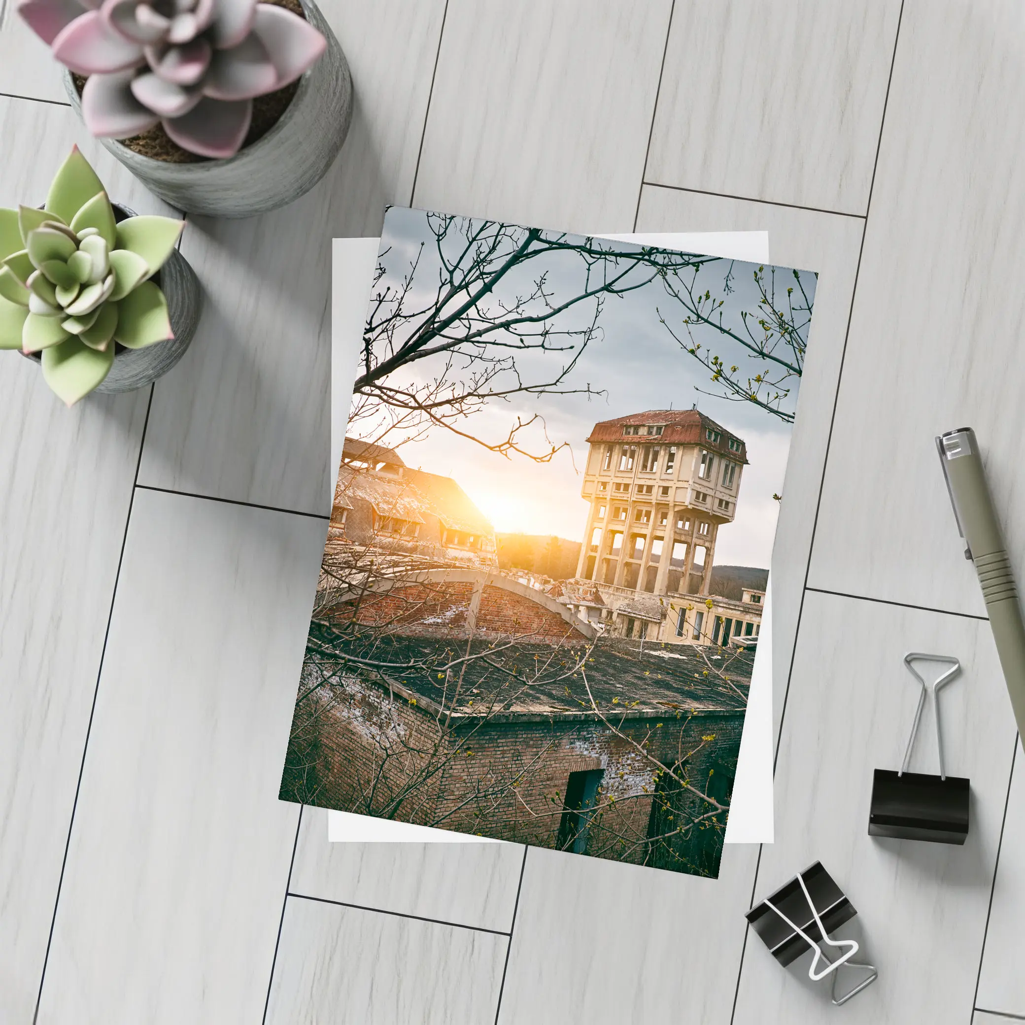 Abandoned Building Ruins At Golden Sunset – Postcards