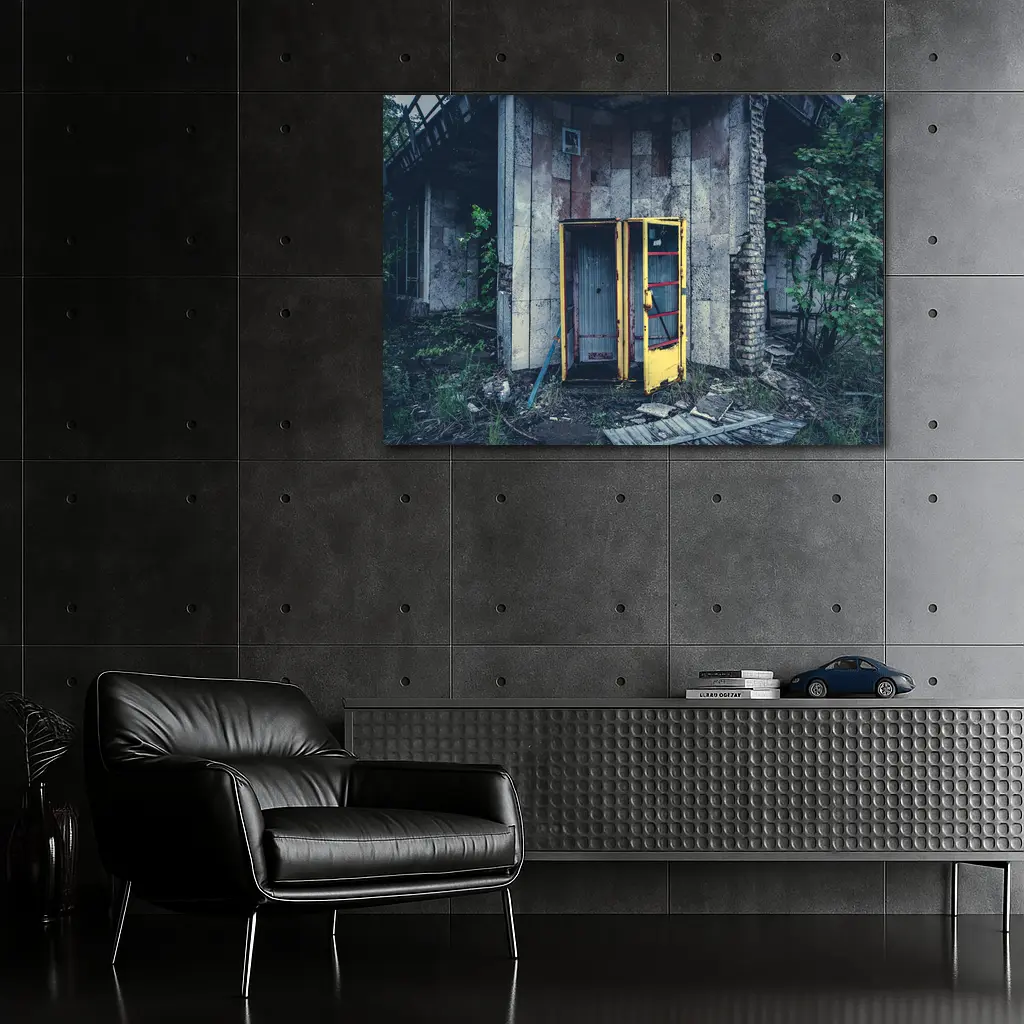Abandoned Yellow Phone Booth Overgrown Ruins – Wall Art