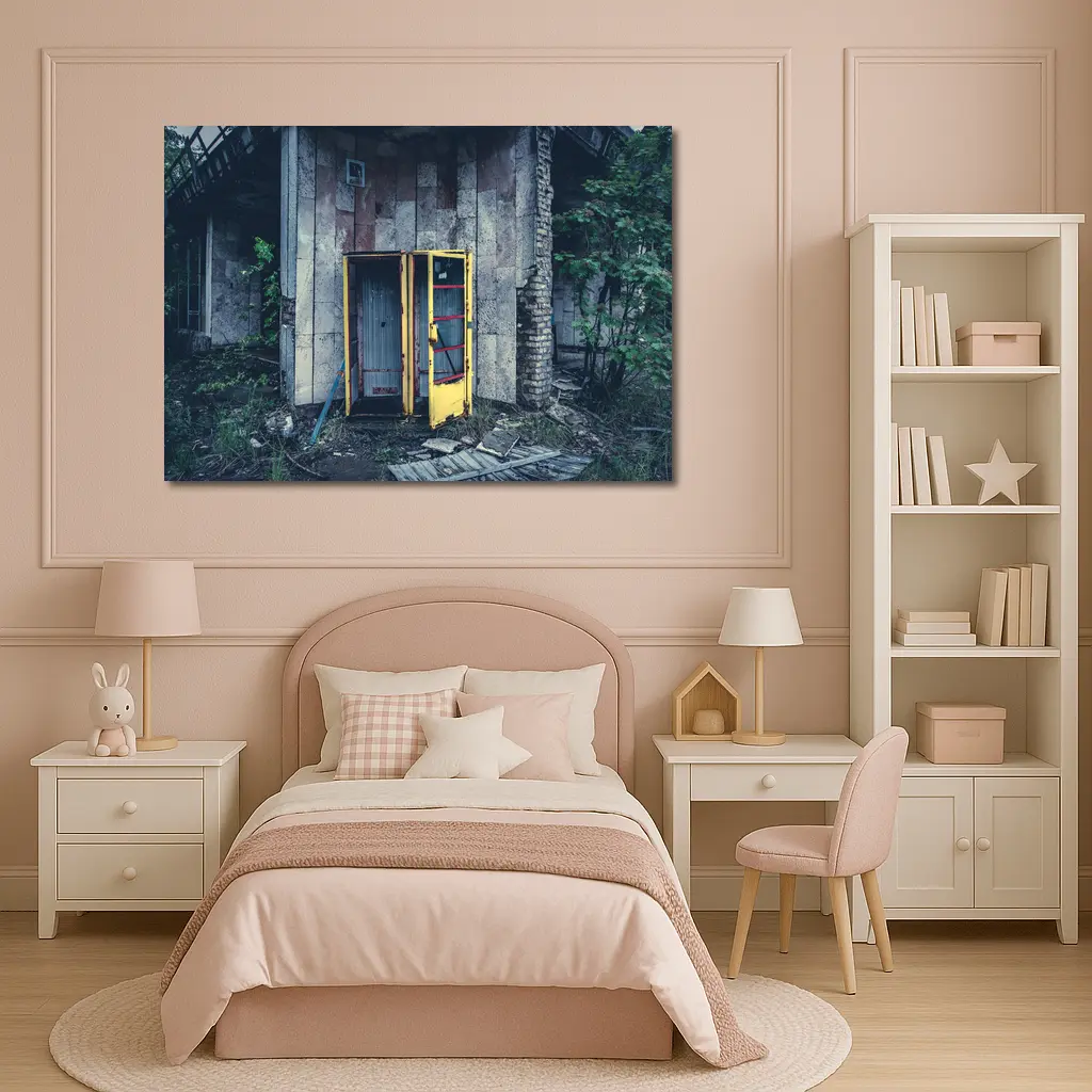 Abandoned Yellow Phone Booth Overgrown Ruins – Wall Art