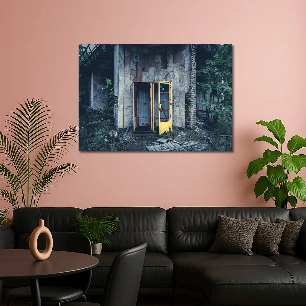 Abandoned Yellow Phone Booth Overgrown Ruins – Wall Art