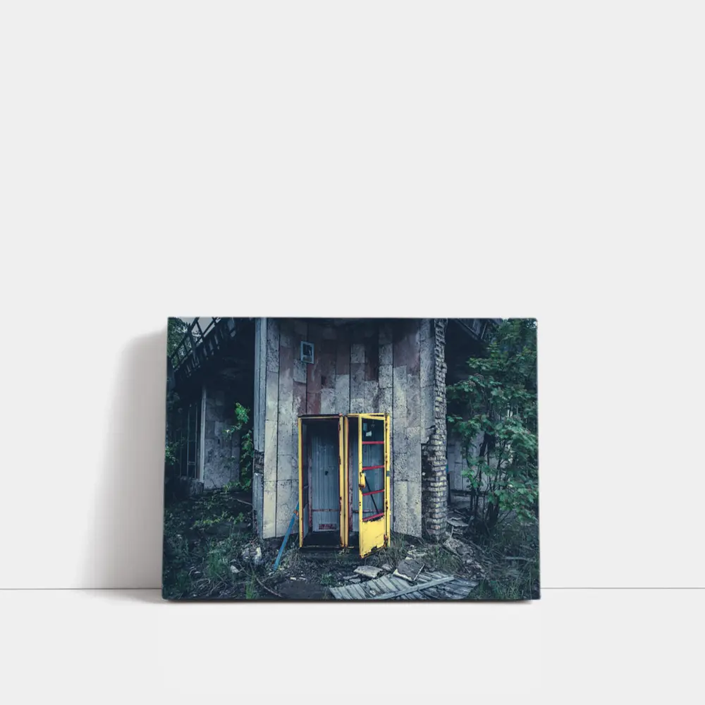 Abandoned Yellow Phone Booth Overgrown Ruins – Wall Art