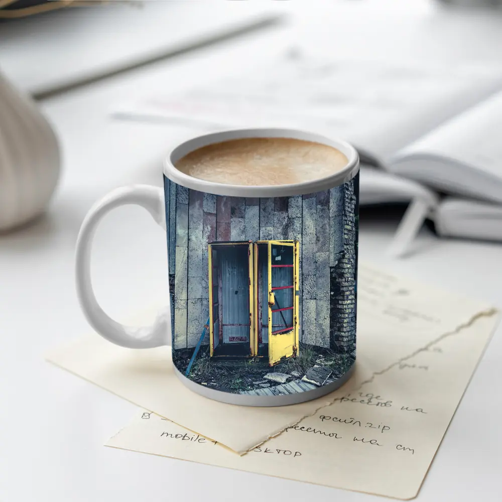 Abandoned Yellow Phone Booth Overgrown Ruins – Mugs