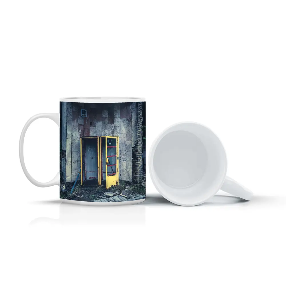 Abandoned Yellow Phone Booth Overgrown Ruins – Mugs