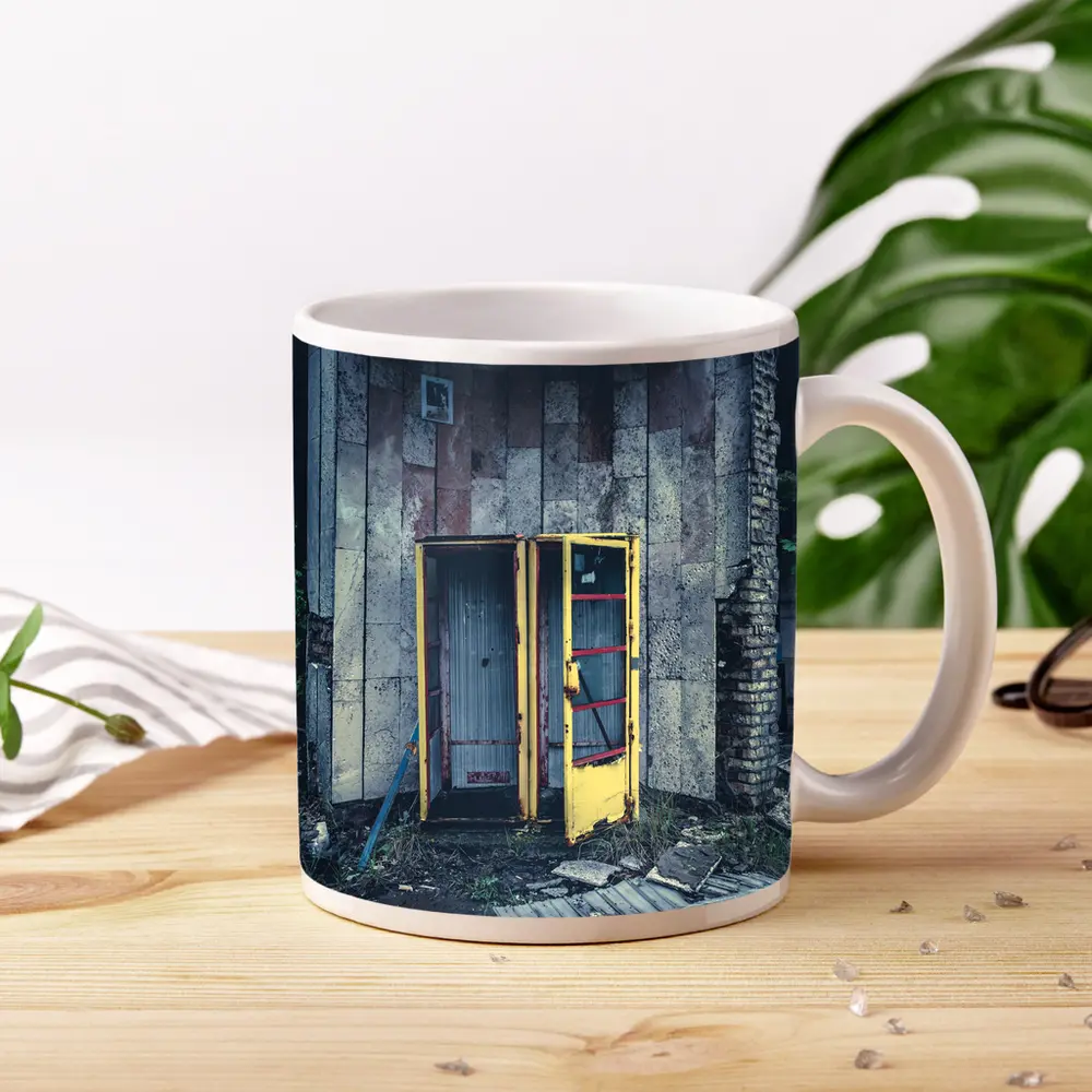 Abandoned Yellow Phone Booth Overgrown Ruins – Mugs