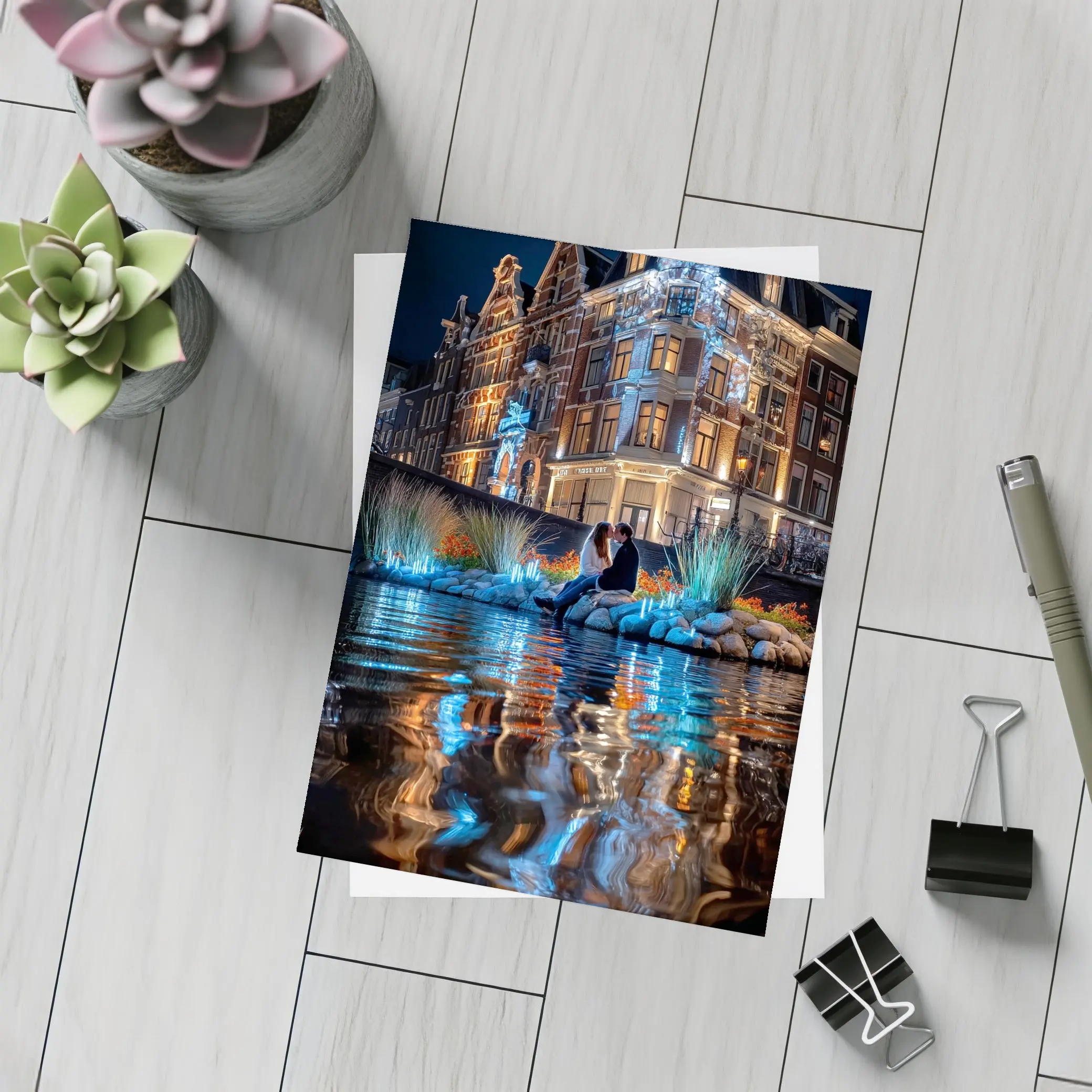 Couple by Amsterdam Canal at Night – Postcards