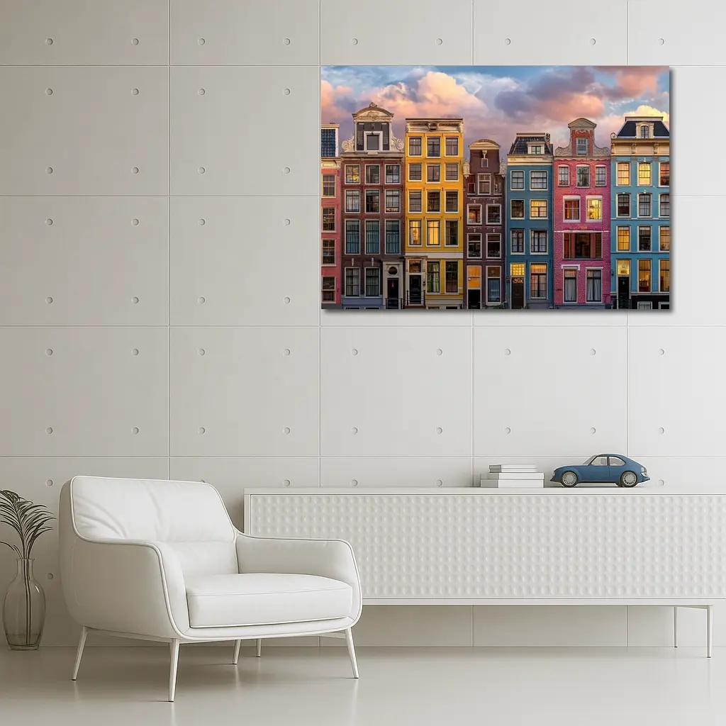 Amsterdam Canal Houses Colorful Sunset Sky – Wall Art