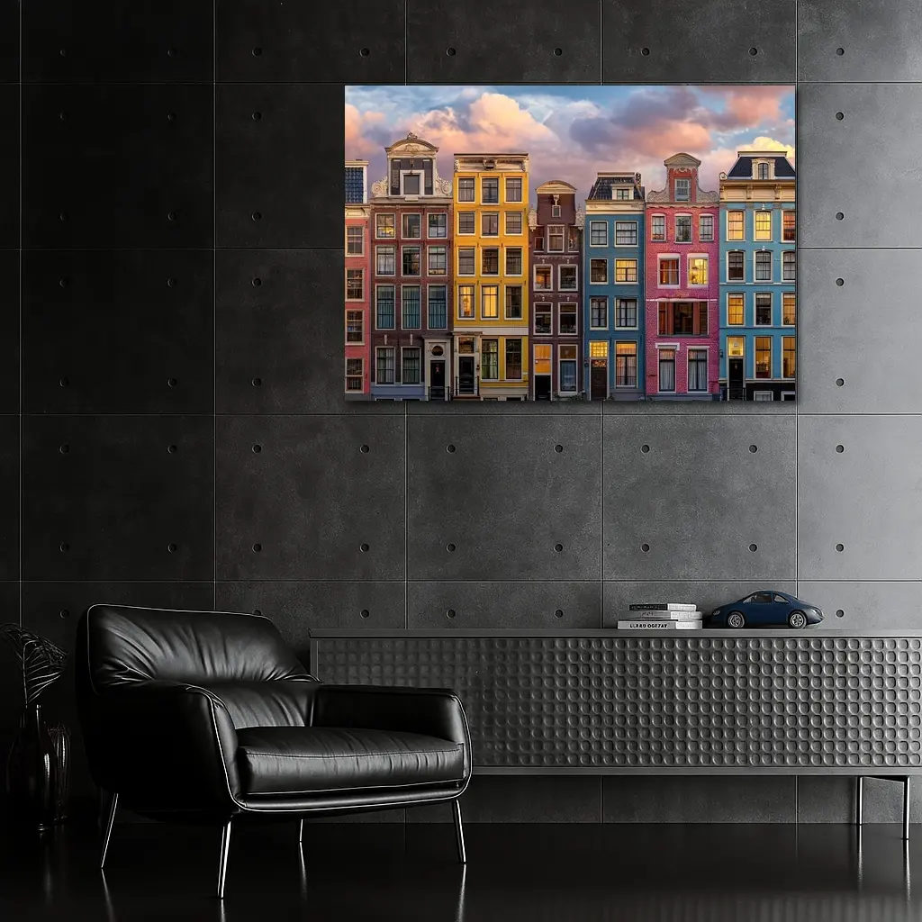 Amsterdam Canal Houses Colorful Sunset Sky – Wall Art