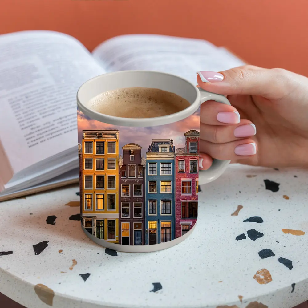 Amsterdam Canal Houses Colorful Sunset Sky – Mugs