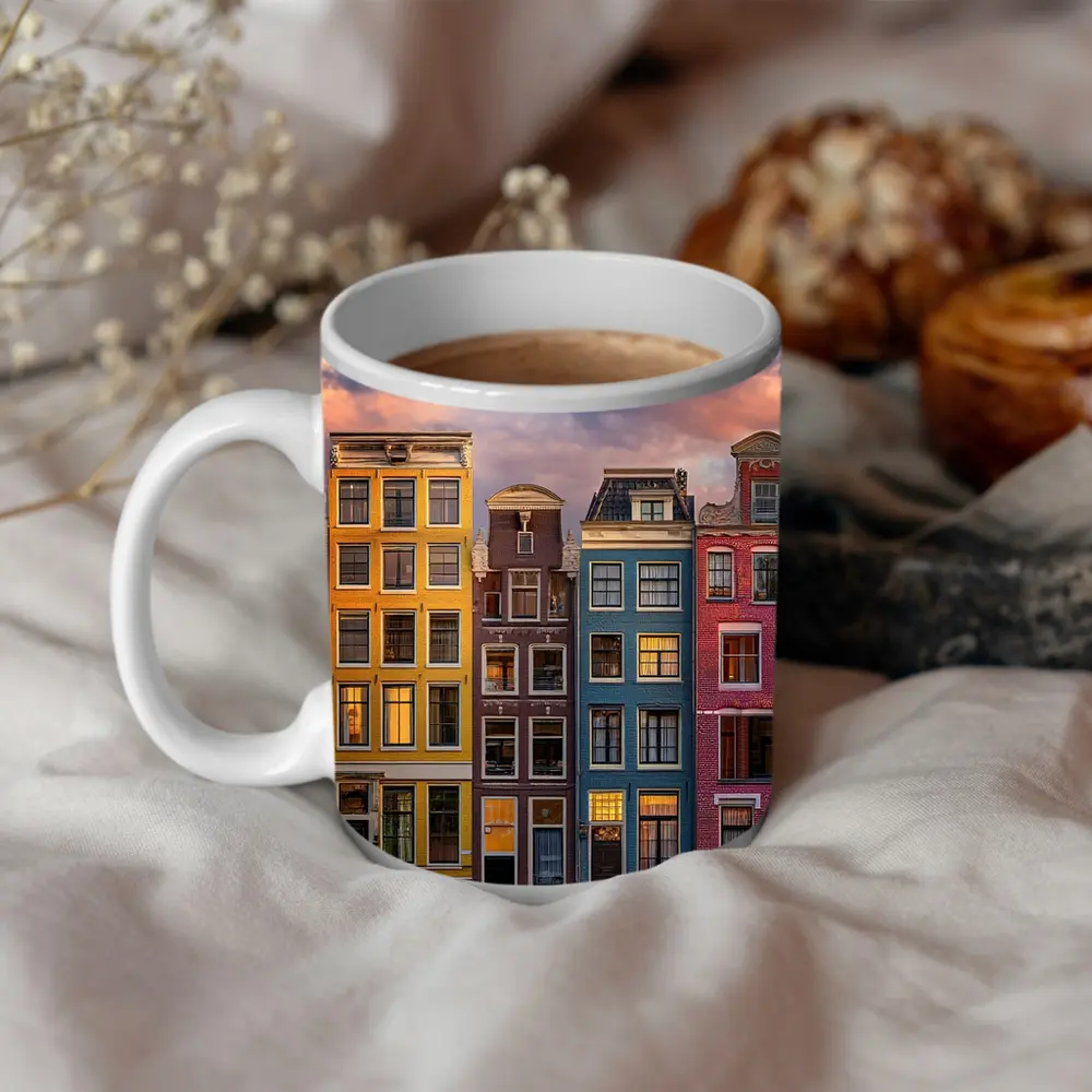 Amsterdam Canal Houses Colorful Sunset Sky – Mugs