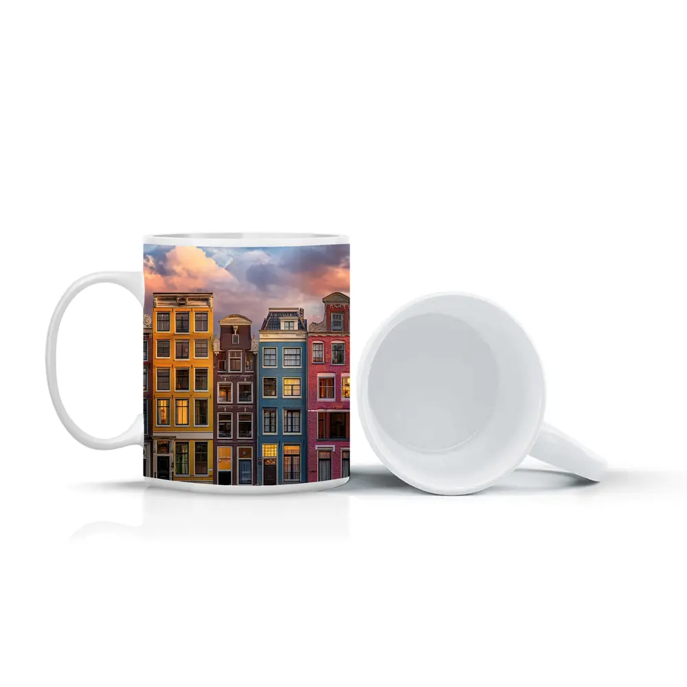 Amsterdam Canal Houses Colorful Sunset Sky – Mugs