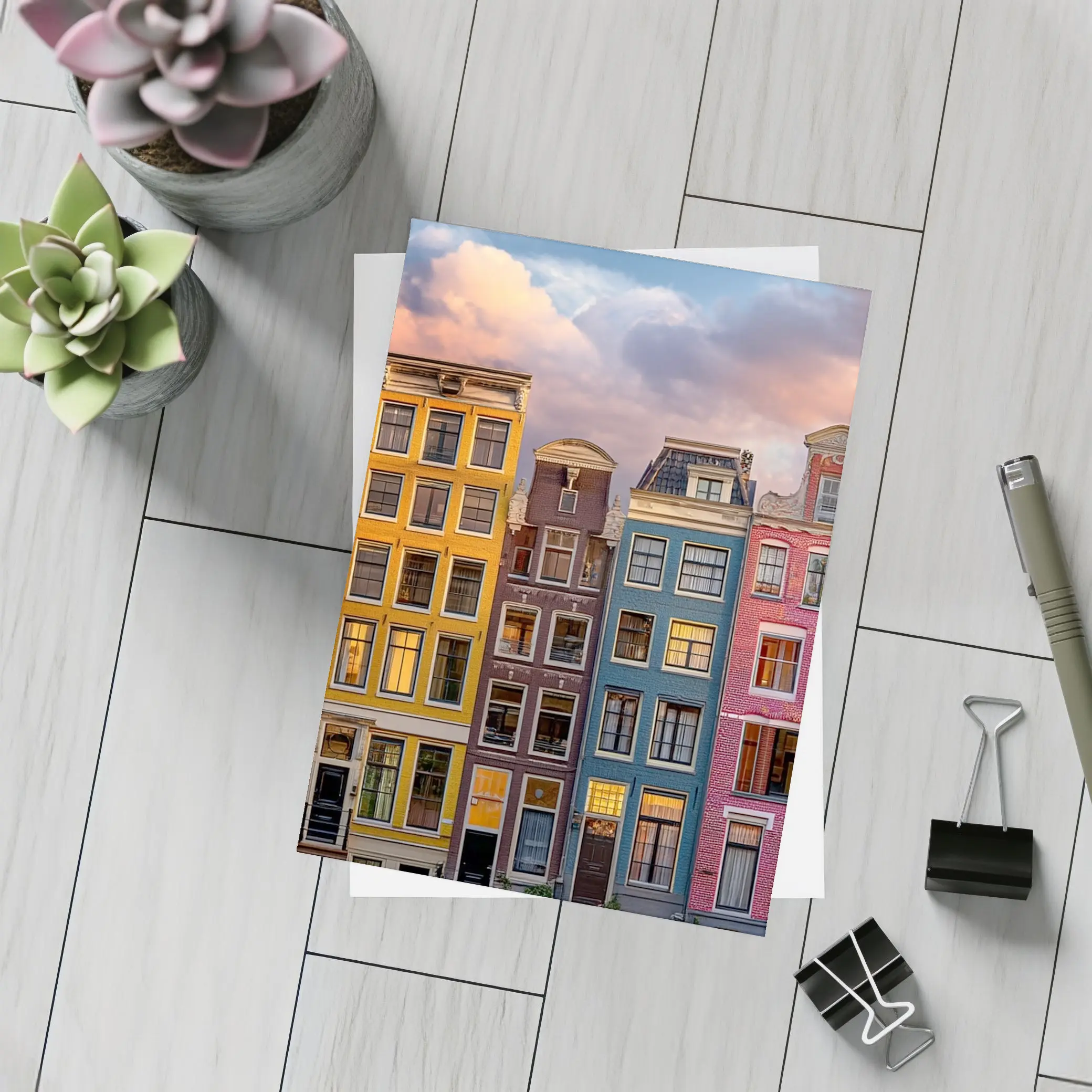 Amsterdam Canal Houses Colorful Sunset Sky – Postcards