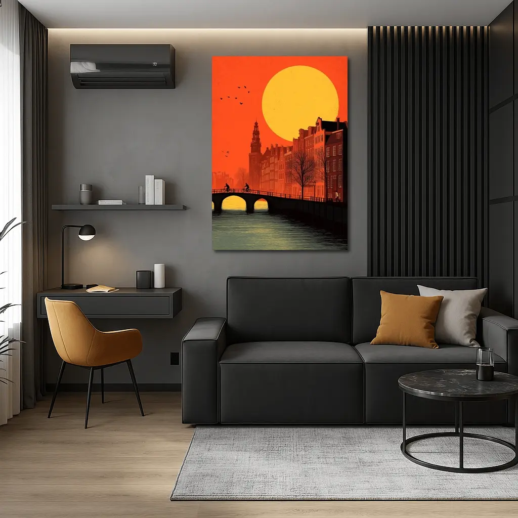 Amsterdam Canal Sunset Retro Minimal Art – Wall Art