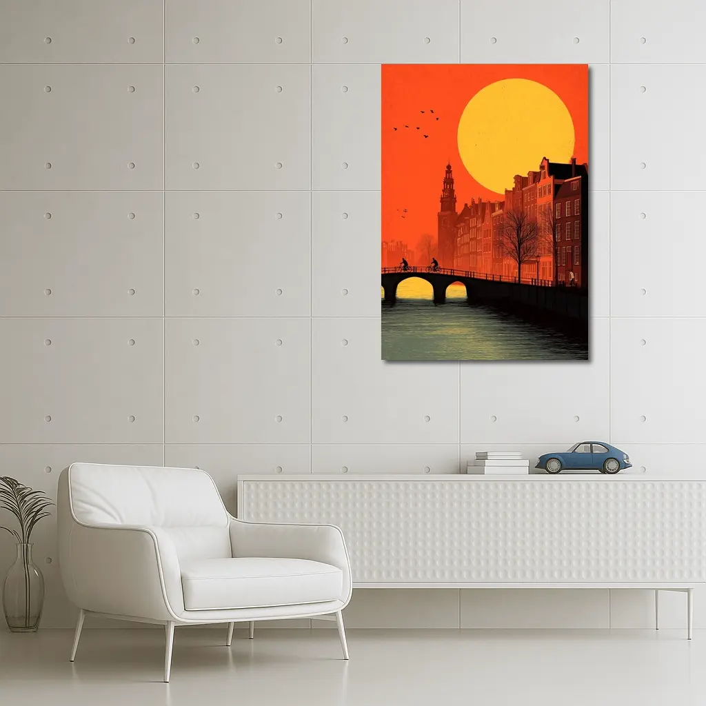 Amsterdam Canal Sunset Retro Minimal Art – Wall Art