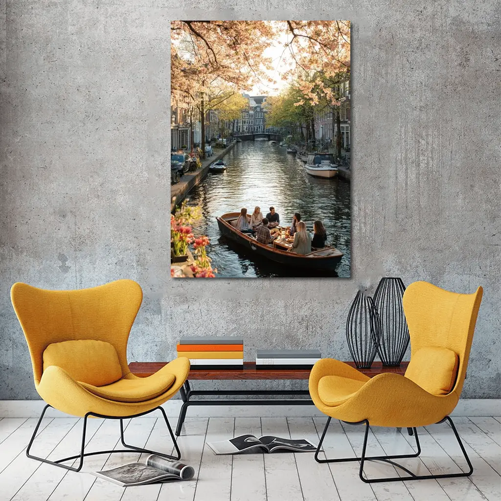 Amsterdam Canal Boat Spring Cherry Blossoms – Wall Art