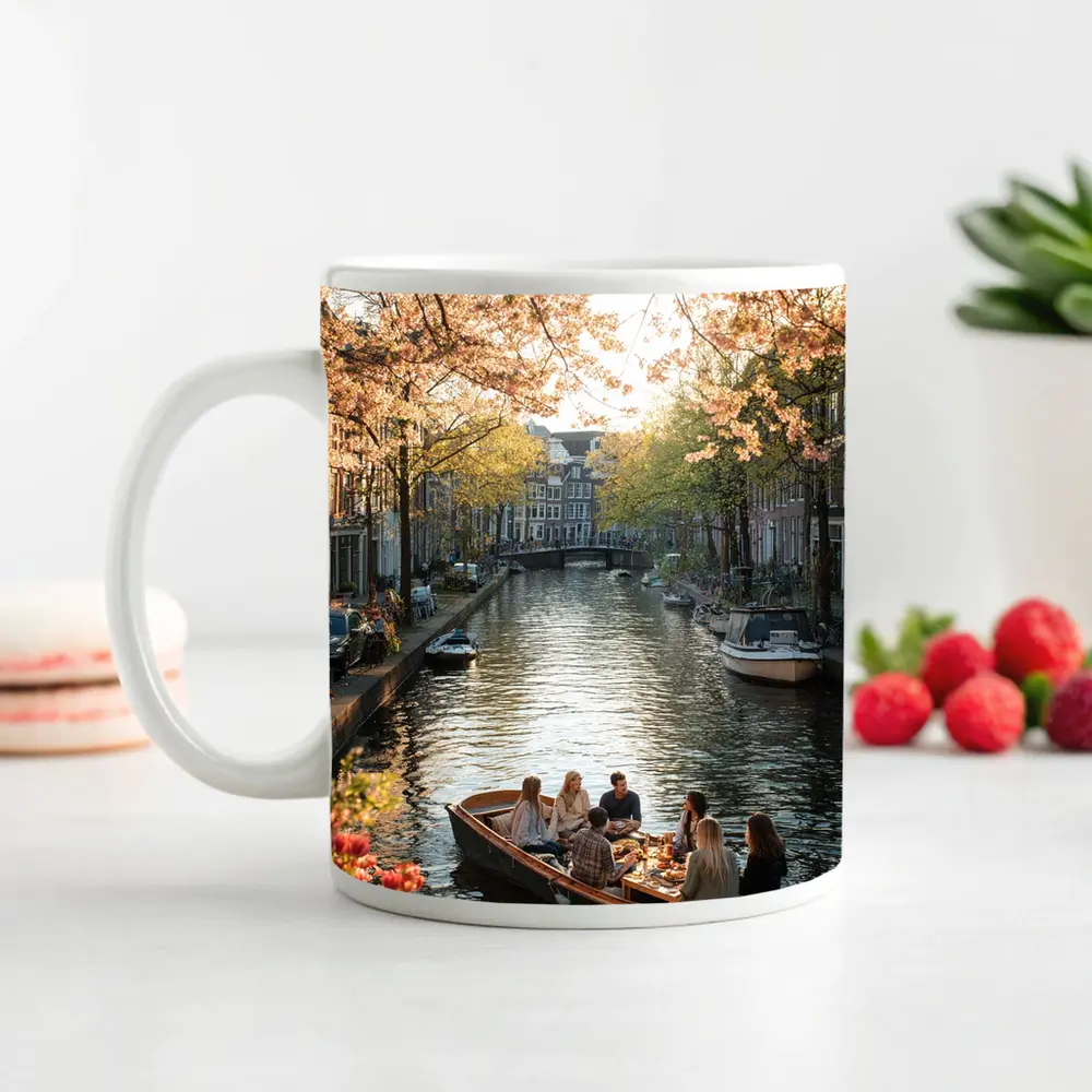 Amsterdam Canal Boat Spring Cherry Blossoms – Mugs