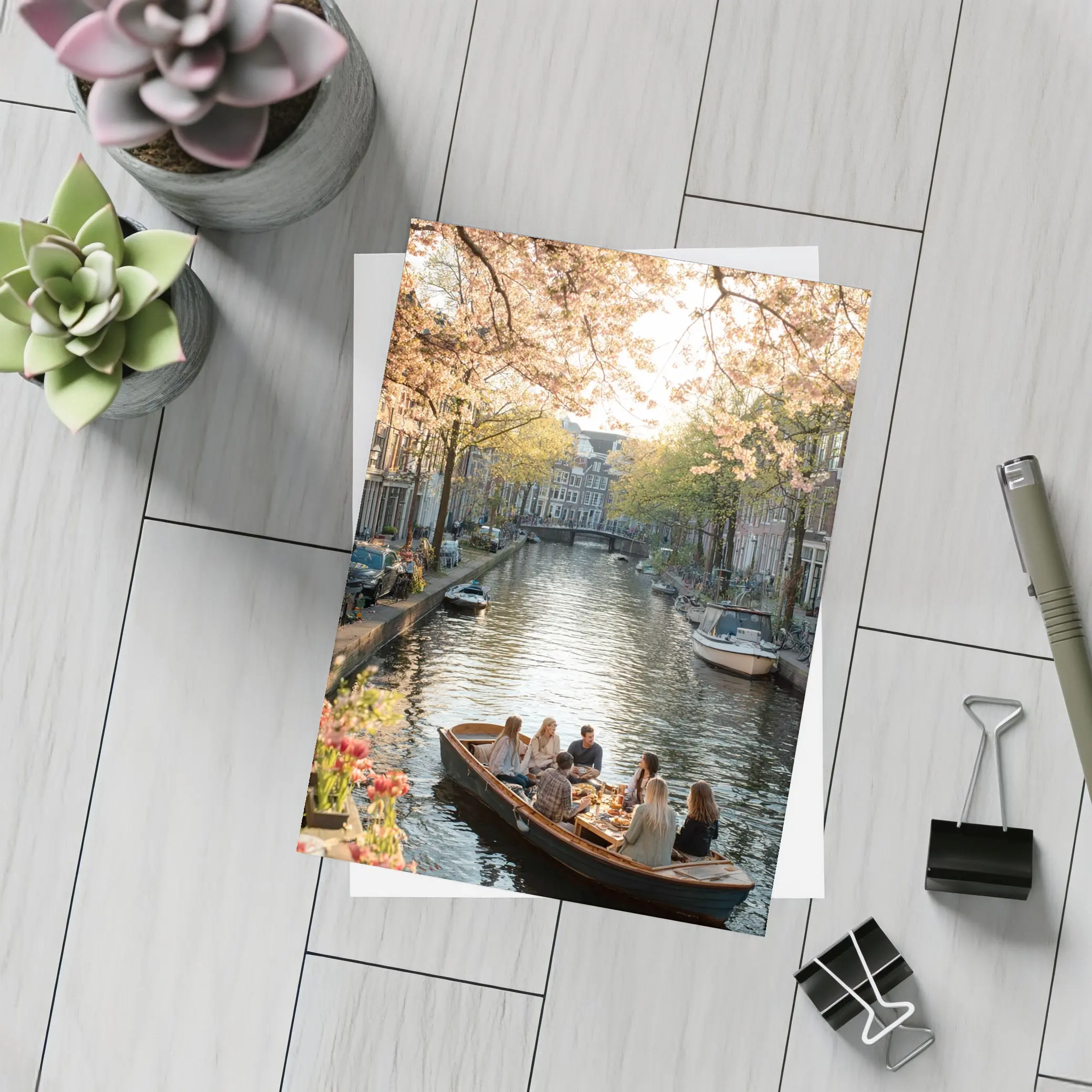 Amsterdam Canal Boat Spring Cherry Blossoms – Postcards