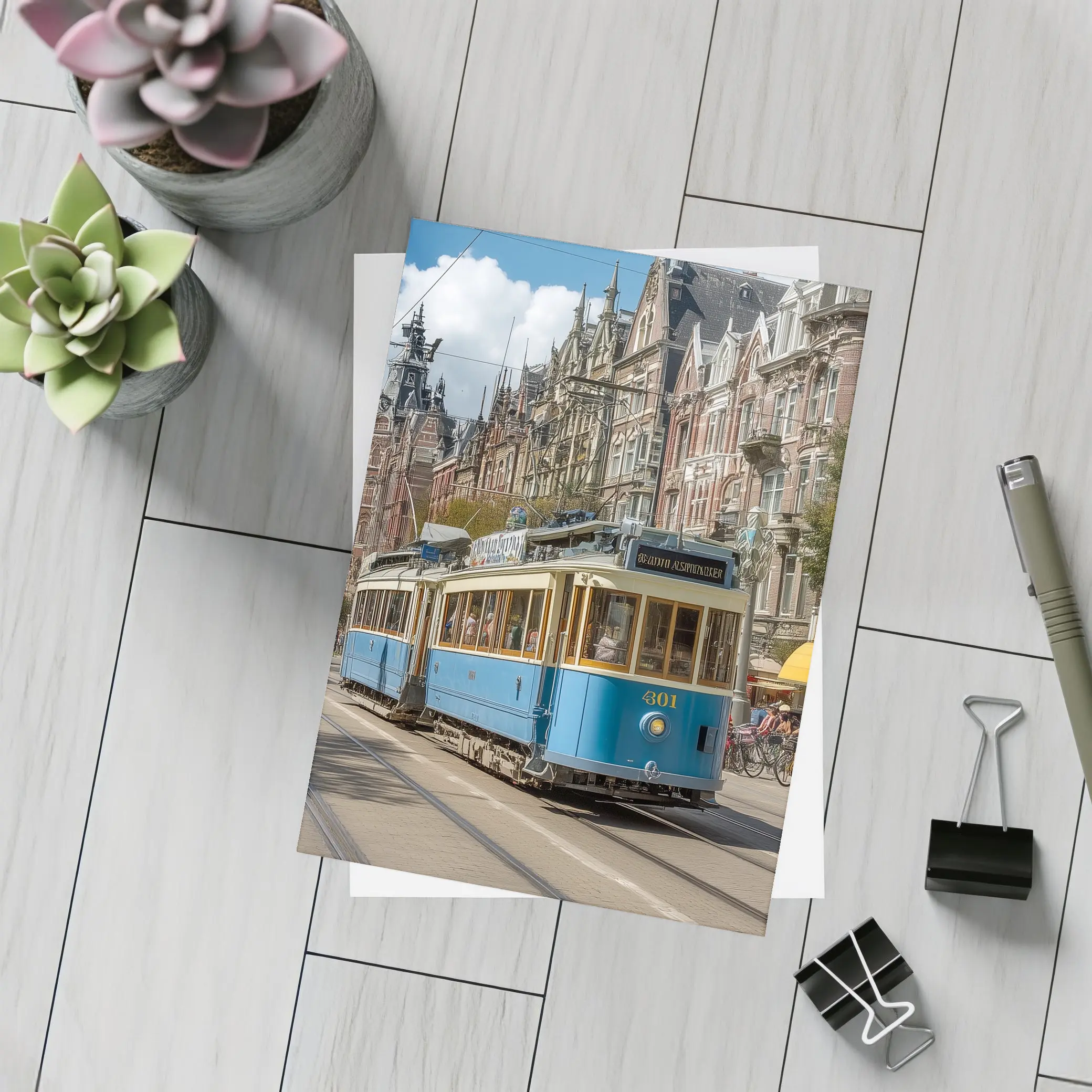 Blue Tram Amsterdam Street Classic Architecture – Postcards