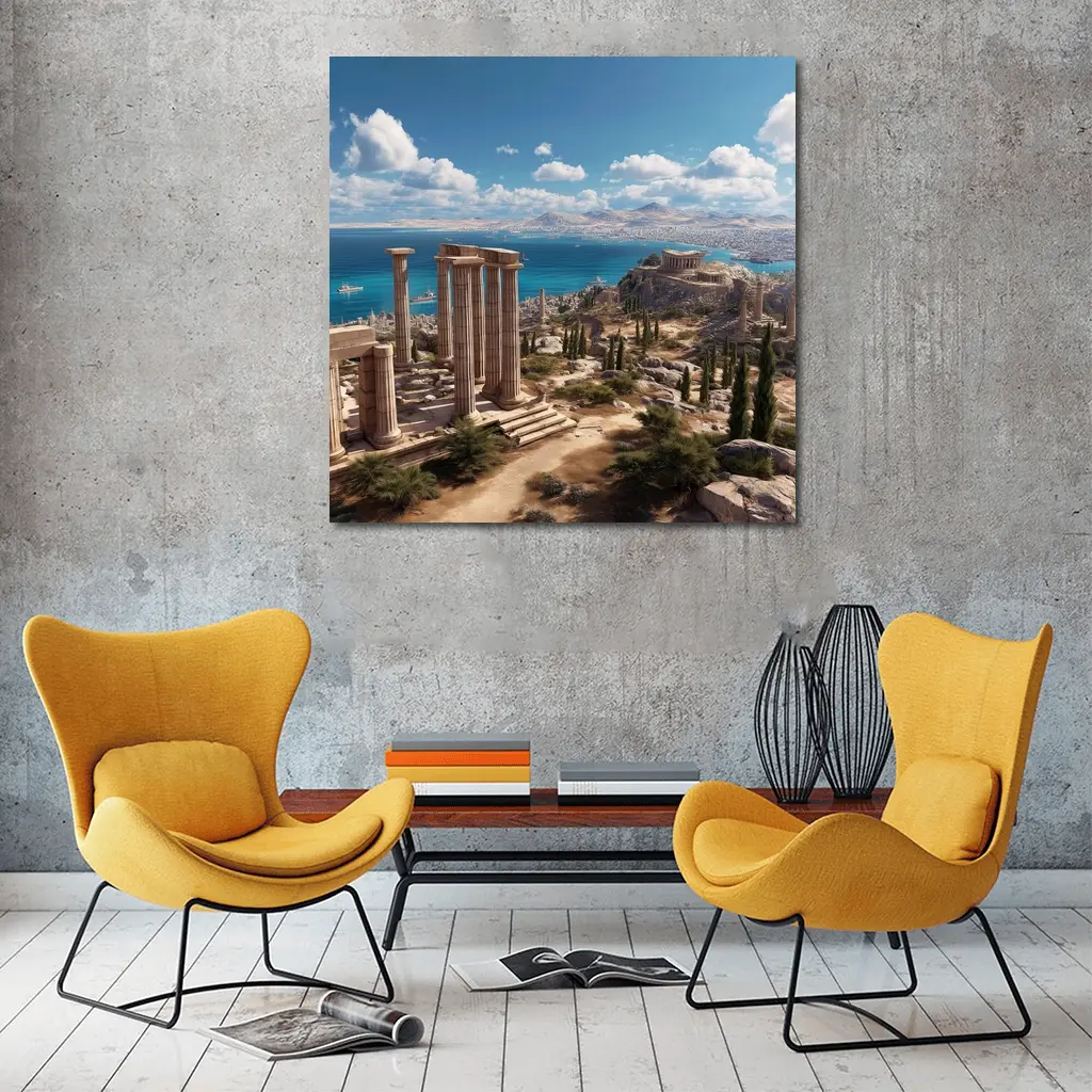 Ancient Greek Ruins Overlooking Blue Sea – Wall Art