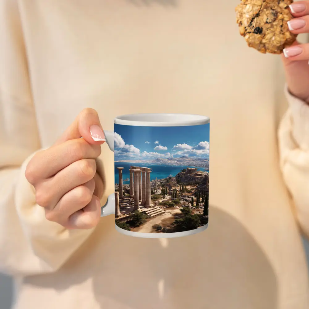 Ancient Greek Ruins Overlooking Blue Sea – Mugs