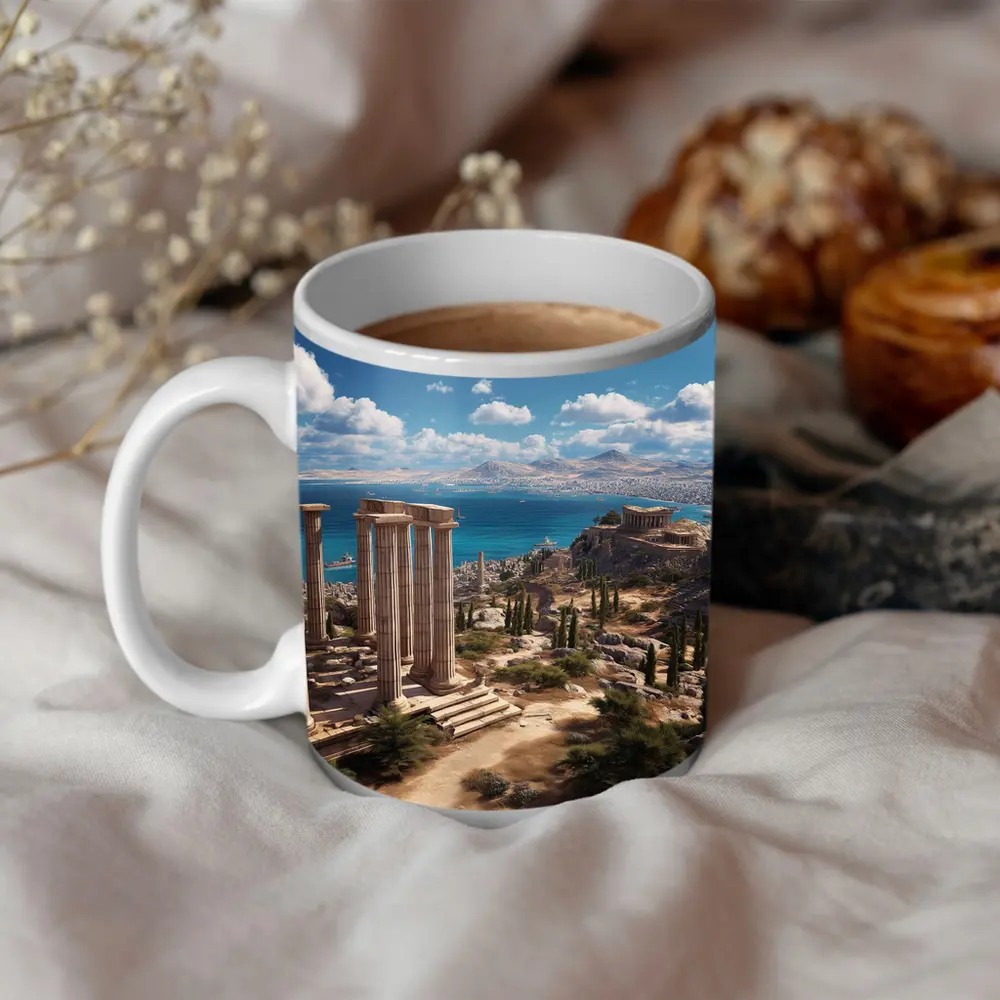 Ancient Greek Ruins Overlooking Blue Sea – Mugs