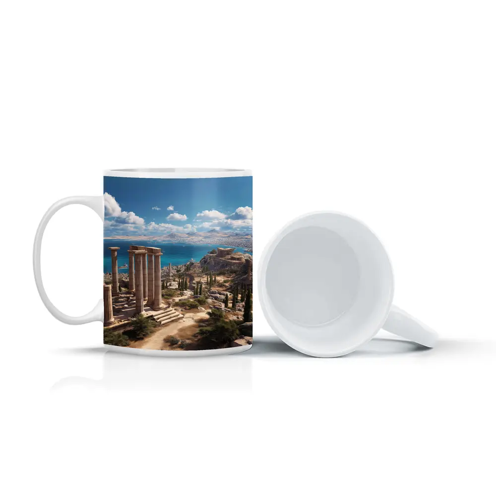 Ancient Greek Ruins Overlooking Blue Sea – Mugs