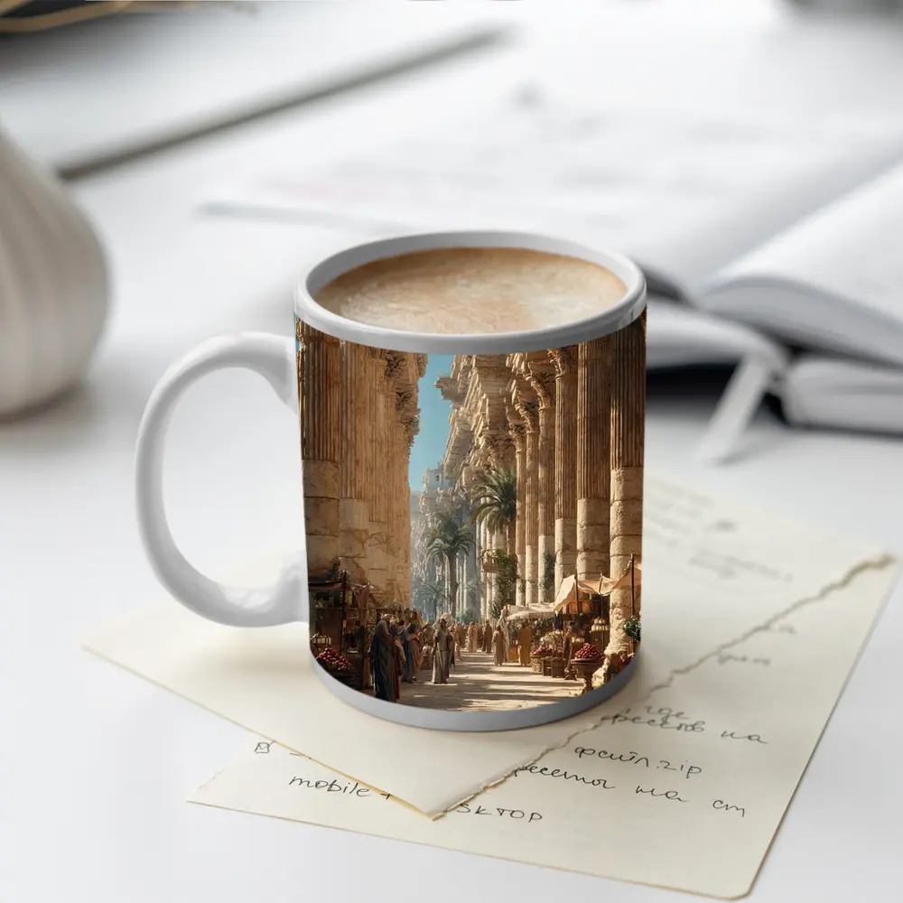 Ancient Roman Colonnade Marketplace With Palm Trees – Mugs