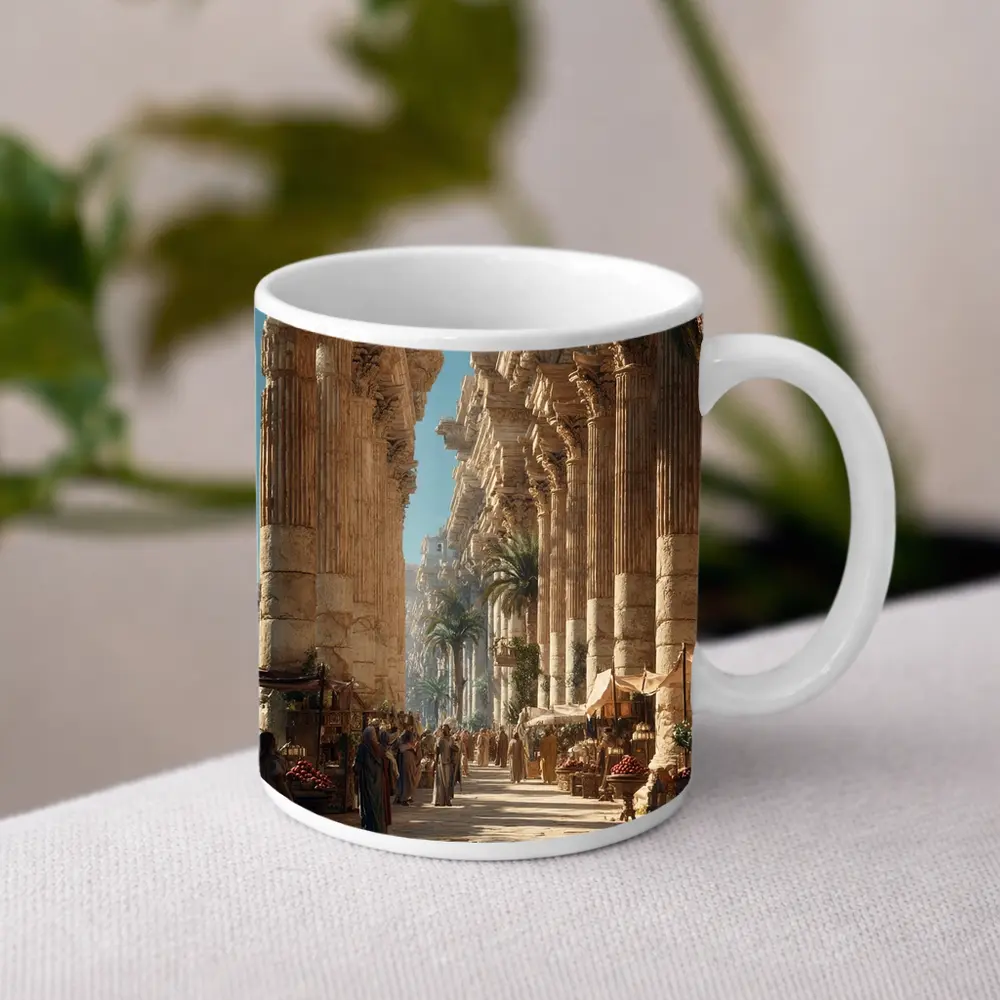 Ancient Roman Colonnade Marketplace With Palm Trees – Mugs