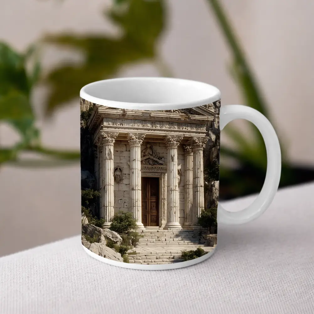 Ancient Greek Temple by Rocky Coastal Waters – Mugs