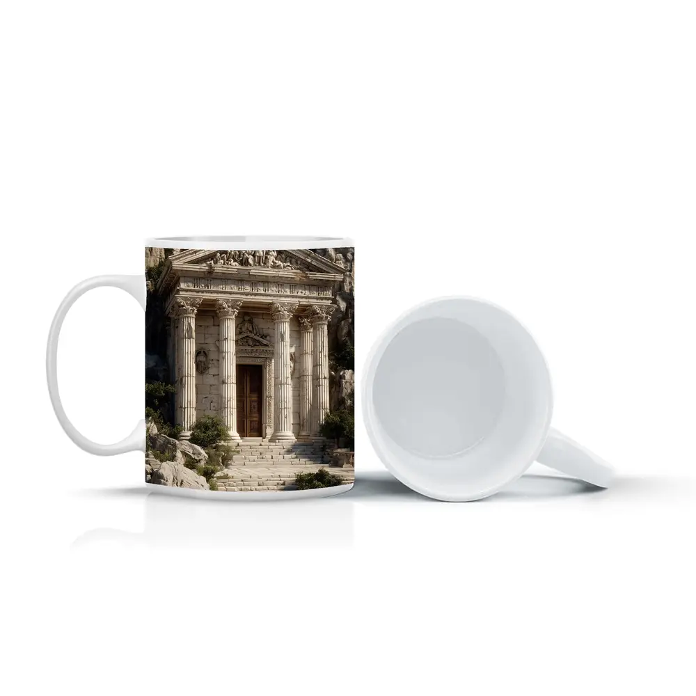 Ancient Greek Temple by Rocky Coastal Waters – Mugs