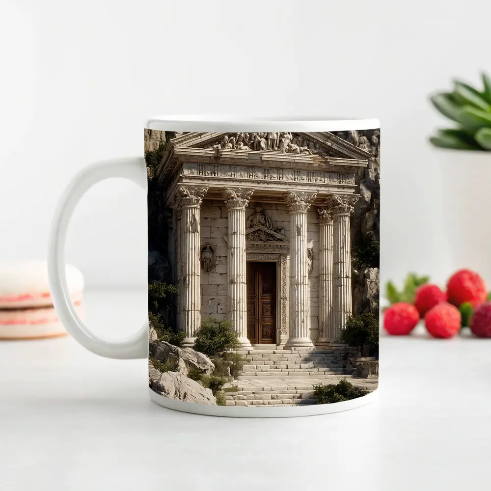 Ancient Greek Temple by Rocky Coastal Waters – Mugs