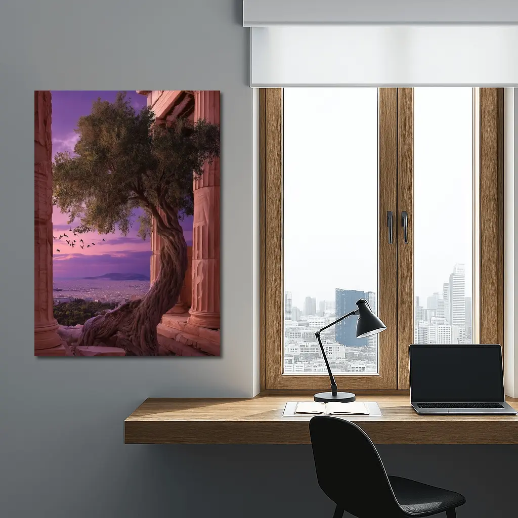 Ancient Greek Temple Olive Tree Purple Sky – Wall Art