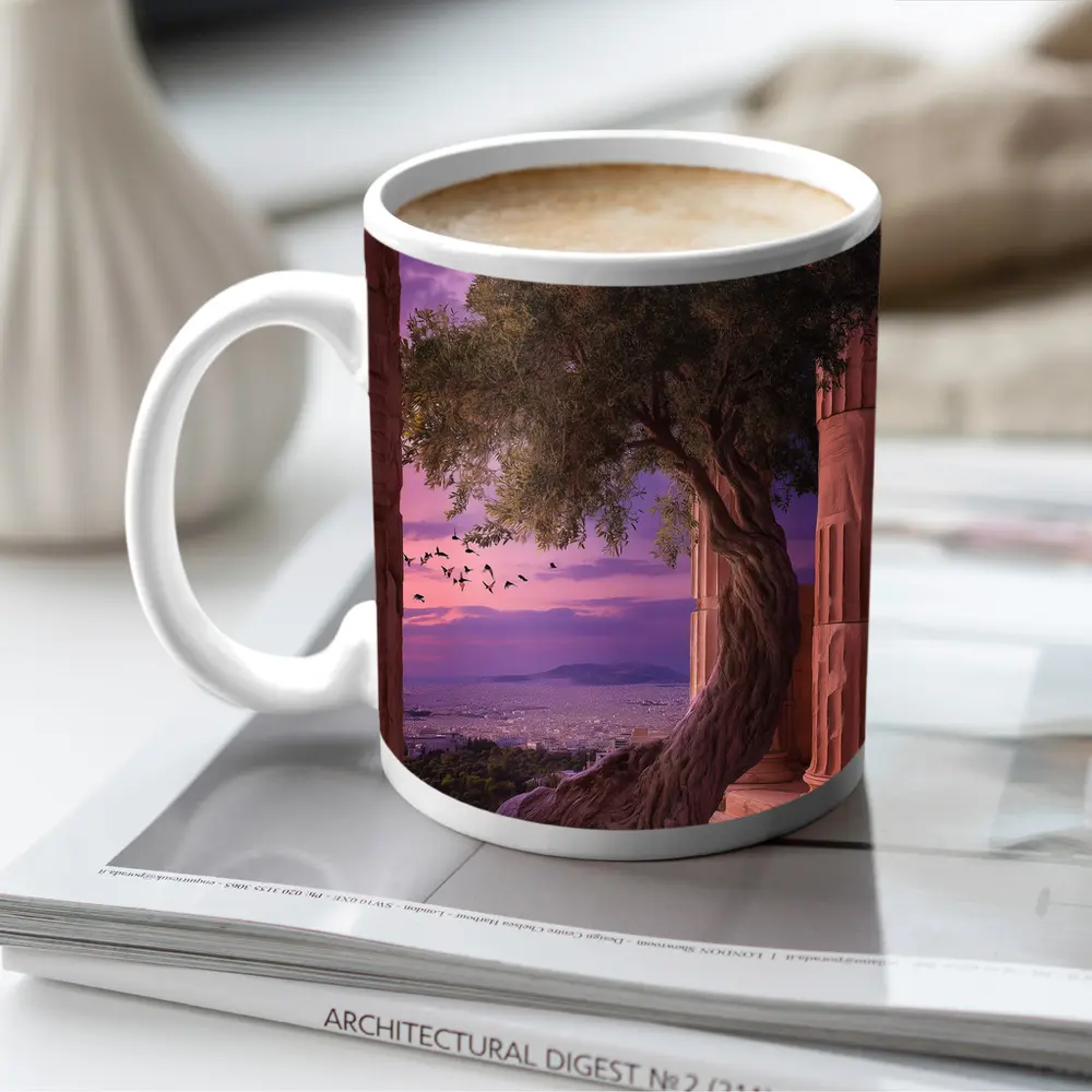 Ancient Greek Temple Olive Tree Purple Sky – Mugs