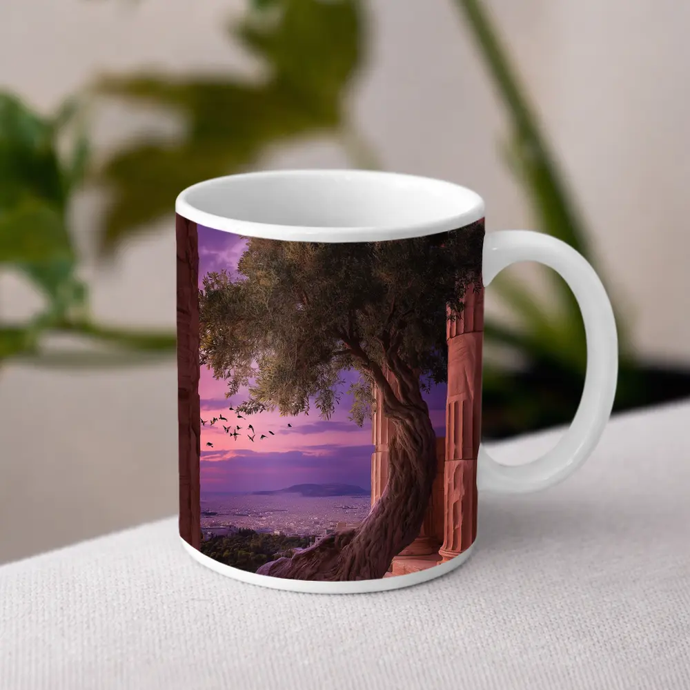 Ancient Greek Temple Olive Tree Purple Sky – Mugs