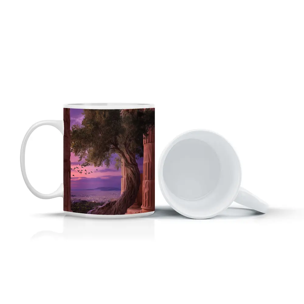 Ancient Greek Temple Olive Tree Purple Sky – Mugs