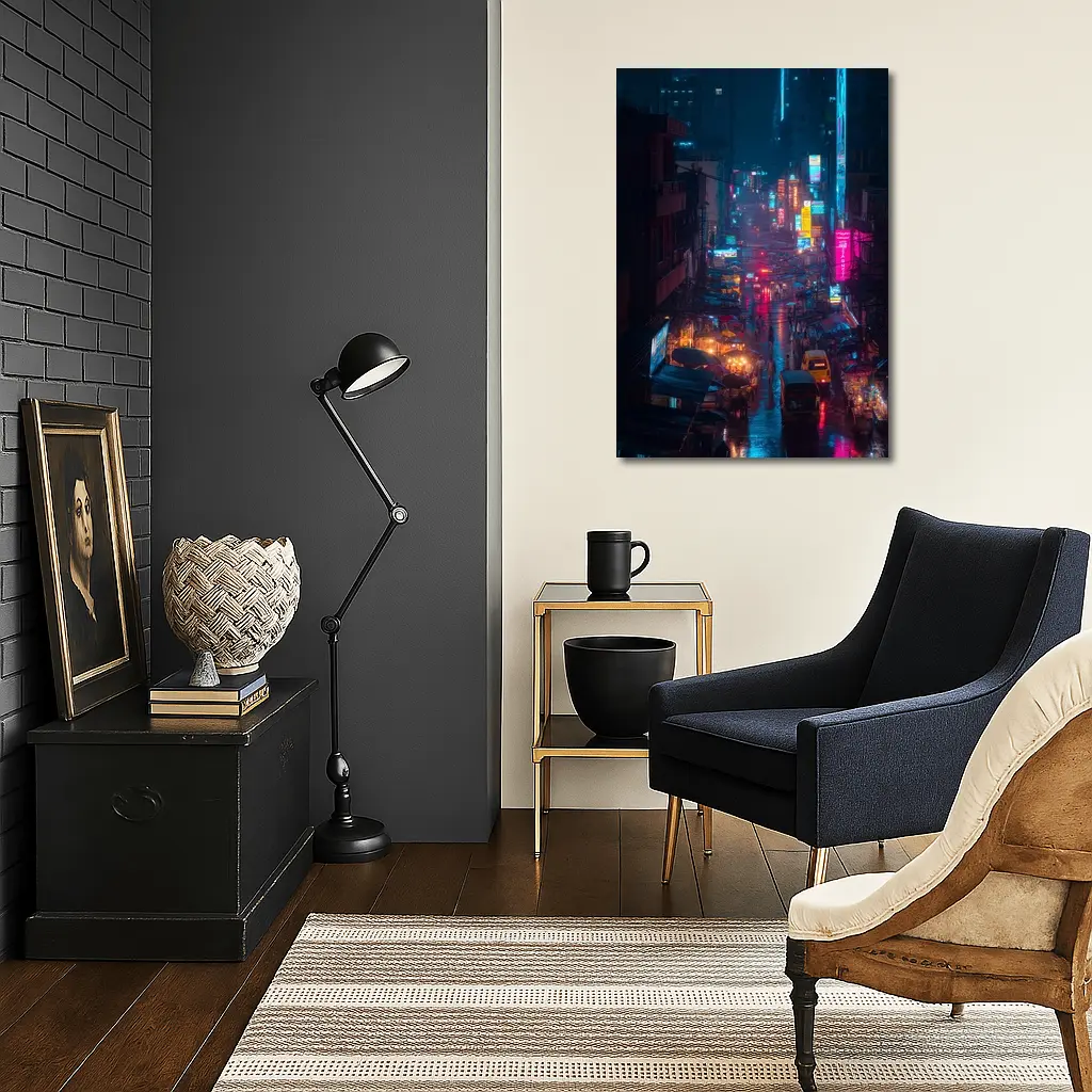 Neon Rainy City Street Night Scene – Wall Art