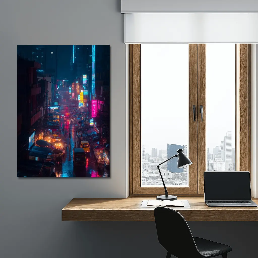 Neon Rainy City Street Night Scene – Wall Art